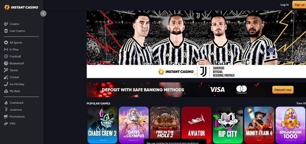 Instant Casino homepage showcasing fast credit card deposits and real-money games in 2025