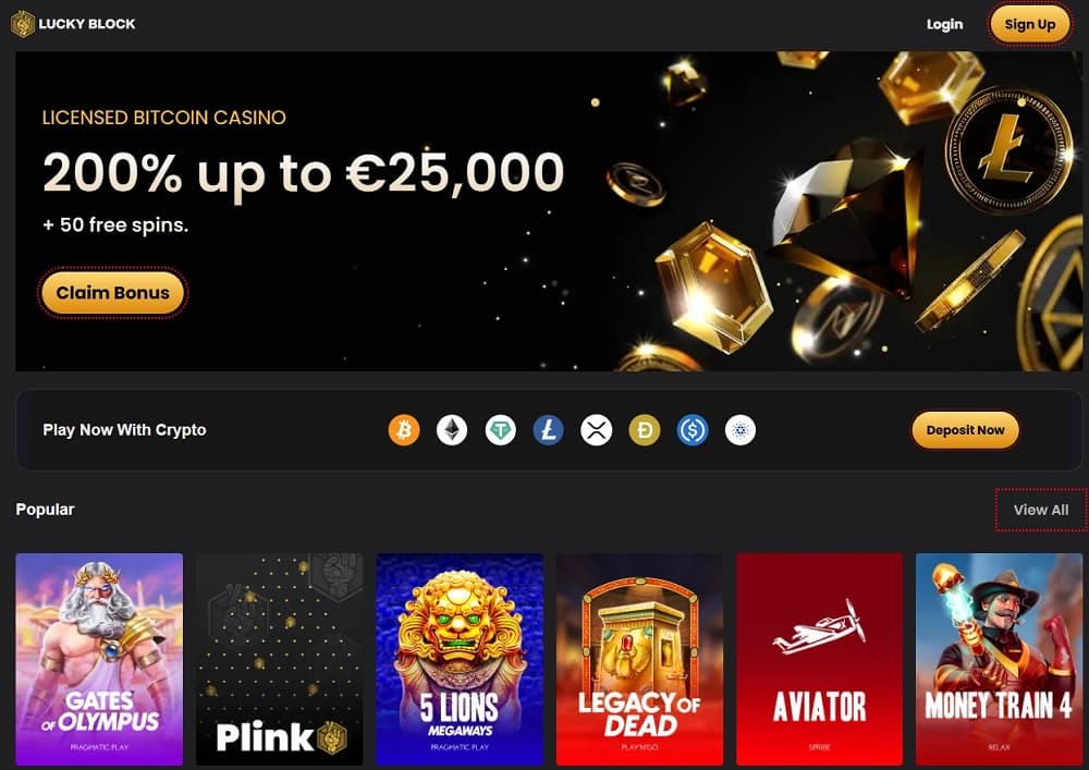 Lucky Block casino dashboard accepting both credit cards and crypto for secure online gambling